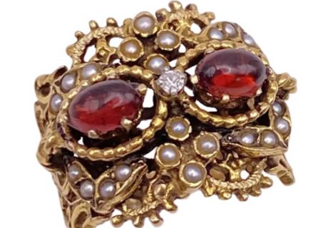 Opulent Victorian Revival Ring Cabochon Garnet, Seed Pearl and Diamond 14K Gold