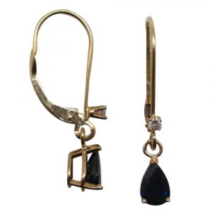 Pear shape Sapphire's with diamond accent dangles. 14k Yellow Gold leaver backs