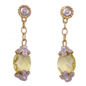 Peridot and Diamond Dangle Earrings 14K Two Tone Gold