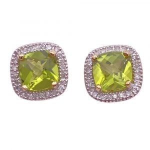 Peridot and Diamond Halo Stud Earrings 3.38 Carats TW, 14K Gold