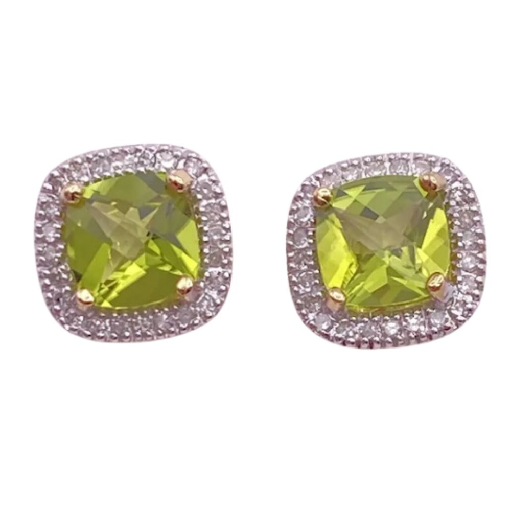 3.38ctw Peridot Stud Earrings with Diamond Halo 14K Gold