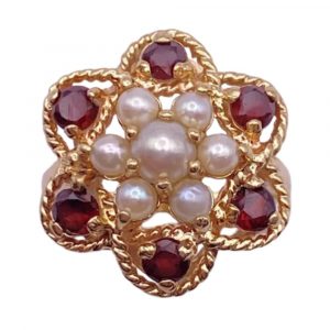 Romantic Flower Design Cultured Pearl and Garnet Ring 14K Gold