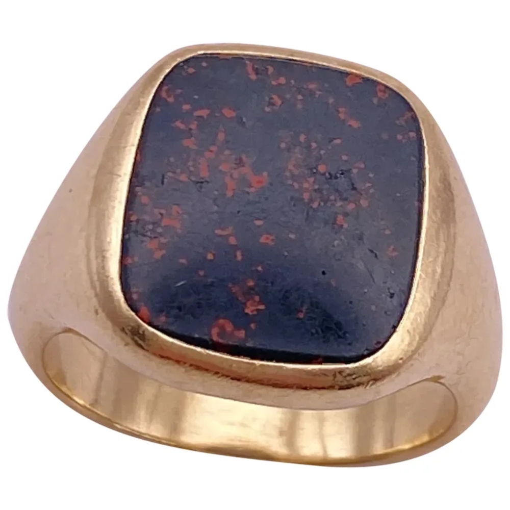 Bloodstone Vintage Mens Ring 14K Gold, Heliotrope