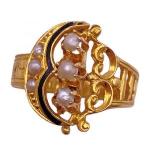 Victorian Revival Ring 18K Gold Seed Pearl and Black Enamel