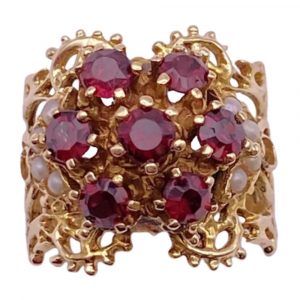 Victorian Revival Wide Filigree Ring Garnet Cluster Seed Pearl Accent 14K Gold