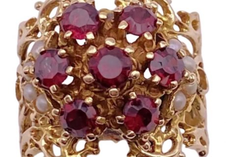Victorian Revival Wide Filigree Ring Garnet Cluster Seed Pearl Accent 14K Gold