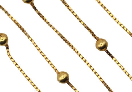 Vintage Ball / Bead Stationed Box Link Chain Necklace 18K Yellow Gold Links