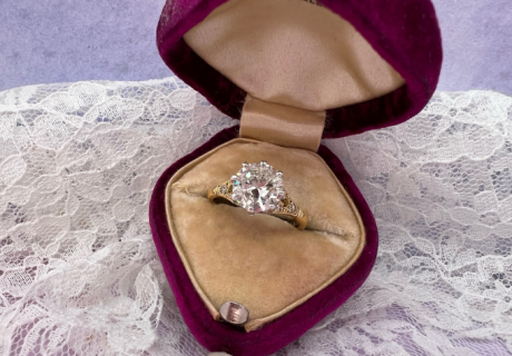 vintage antique engagement ring in box at Arnold Jewelers