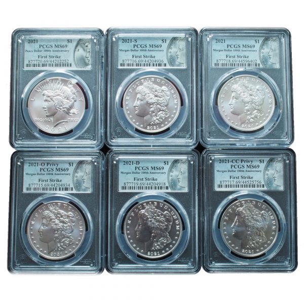 2021 Morgan & Peace Dollar 6 Coin Set MS69 PCGS First Strike