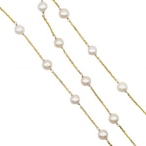 Cultured Pearl Station Cable Chain Link Necklace 14K Yellow Gold Links
