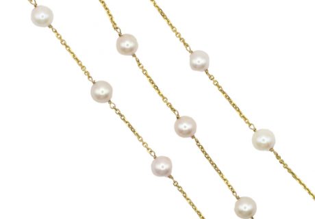 Cultured Pearl Station Cable Chain Link Necklace 14K Yellow Gold Links