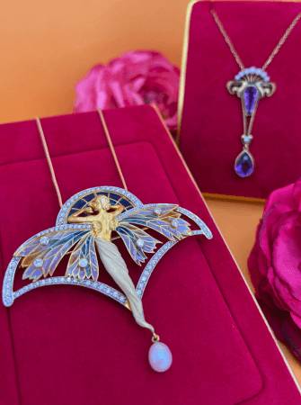 Art Nouveau jewelry online at Arnold Jewelers, Art nouveau pendants displayed