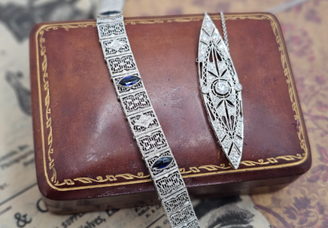 Art deco diamond and sapphire bracelet and Diamond Art Deco pendant on box