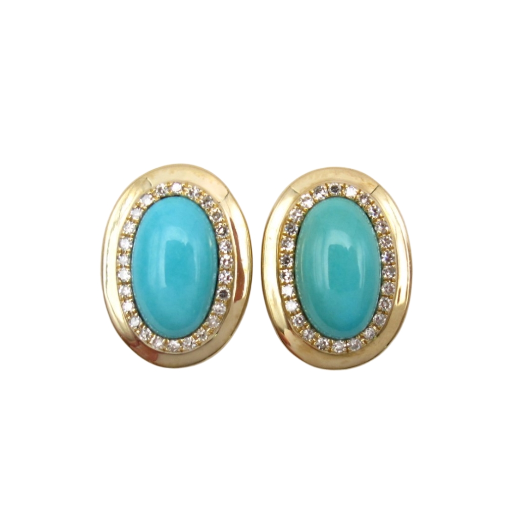 Persian Turquoise & Diamond Halo Earrings 14k Yellow Gold
