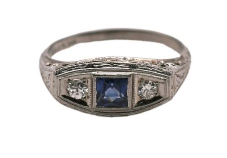 0.87ctw Art Deco Sapphire and Diamond Ring 18K