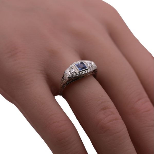 0.87ctw Art Deco Sapphire and Diamond Ring 18K worn