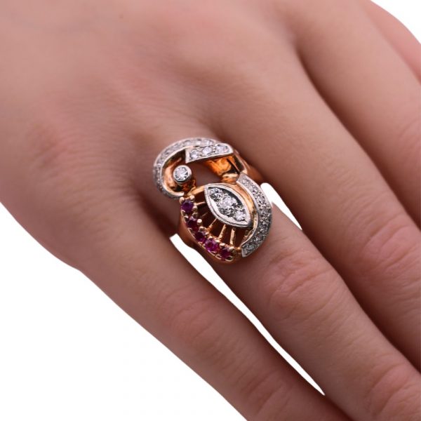 1.29ctw Retro Lucky Eye Diamond & Ruby Ring 14K worn