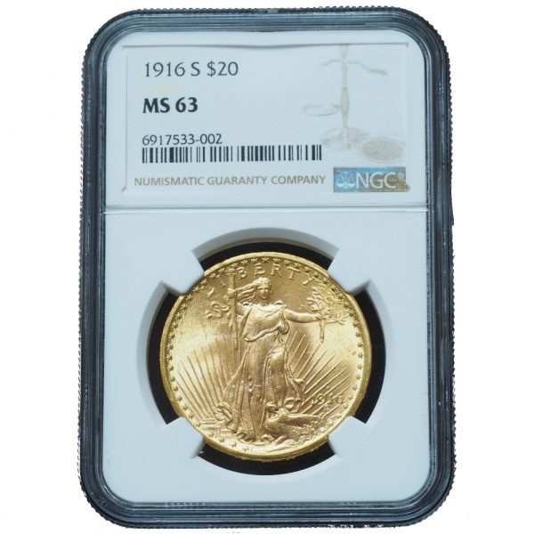 1916-S $20 Gold Saint Gaudens MS63 NGC