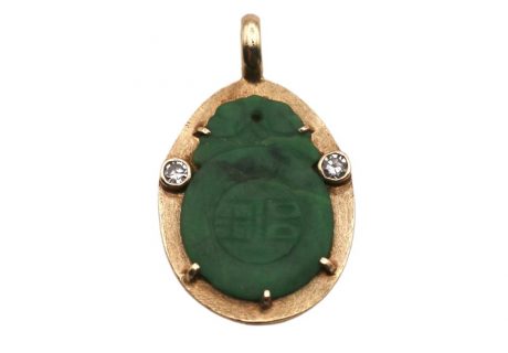 Carved Jade and Diamond Oriental Pendant 14K