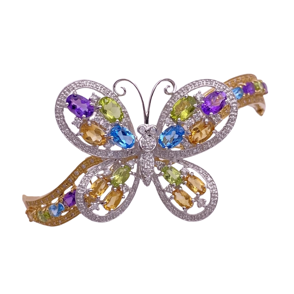 Jeweled Butterfly Bangle Bracelet 14K Gold Diamond, Amethyst, Peridot, Citrine and Topaz