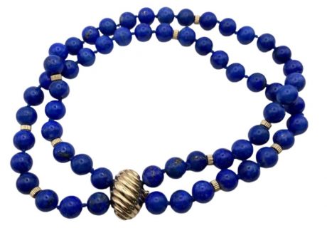 Double Strand Choker Necklace Lapis Lazuli 14K Gold