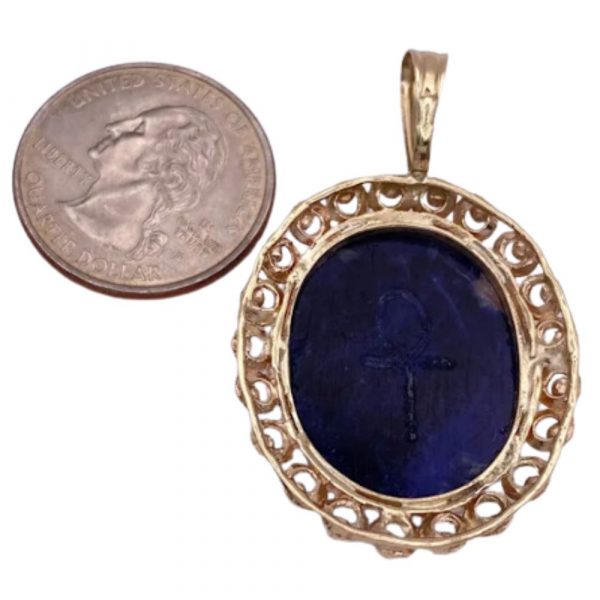 Lapis Lazuli Big Scarab Pendant 14K Rose and Yellow Gold back and size comparison to a quarter