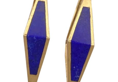 Lapis Lazuli Geometric Hoop Earrings 18K Gold, Vintage Designer Sidney Garber