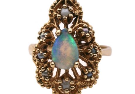 Natural Opal & Seed Pearl Vintage Ring 14K