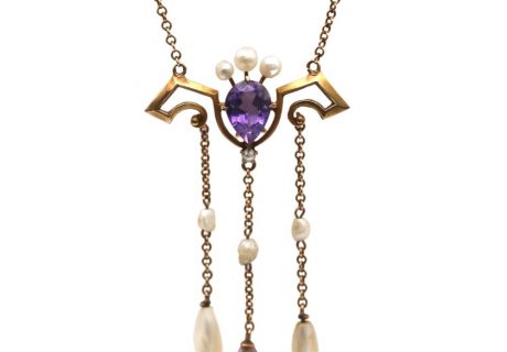 Victorian Amethyst and Fresh Water Pearl Lavaliere Necklace 10K
