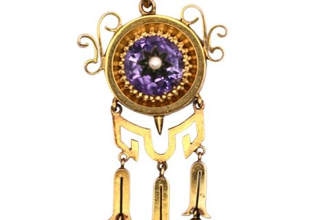 Victorian Etruscan Revival Amethyst and Seed Pearl Pendant 14K