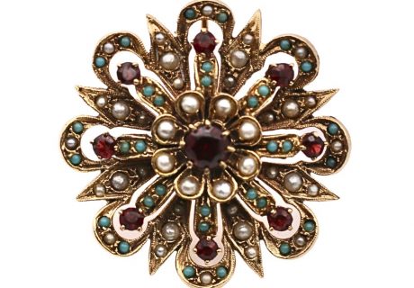 Victorian Garnet, Turquoise, and Seed Pearl Brooch Pendant 14K