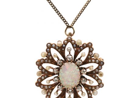 Victorian Opal, Diamond & Seed Pearl Brooch Pendant 14K