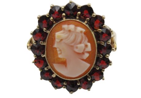 Victorian Revival Bohemian Garnet and Cameo Ring 14K Gold Front