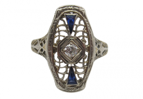 Vintage Art Deco Ring circa 1920-30's 18k White Gold Filigree Diamond & Sapphire Front