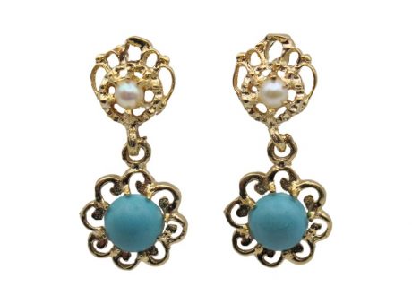 Persian Turquoise and Cultured Pearl Dangle Earrings 18K