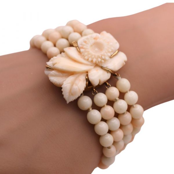 Angel Skin Coral Carved Floral Bracelet 14K worn