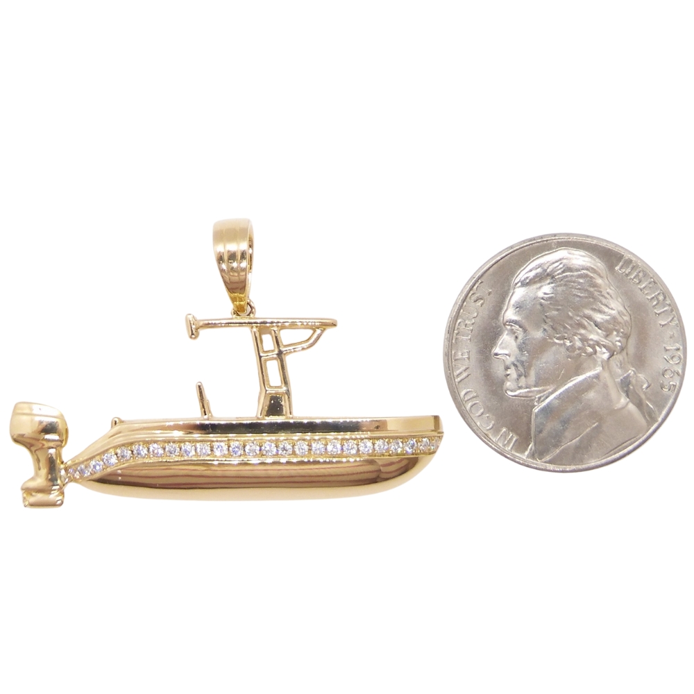 0.19ctw Diamond Custom Open Fisherman Boat Pendant 14k Yellow Gold Coin Size Comparison 0.19ctw Diamond Custom Open Fisherman Boat Pendant 14k Yellow Gold Coin Size Comparison