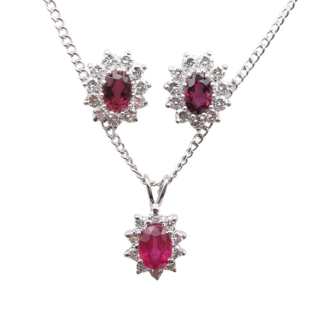 3.30ctw Ruby & Diamond Halo Necklace & Earring Set 14K
