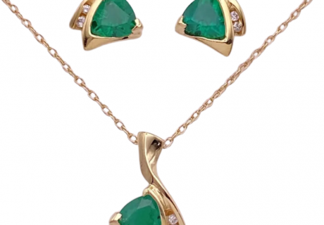 2.19ctw Trillion Emerald with Diamond Accent Earrings & Necklace set 14K Yellow Gold (2)