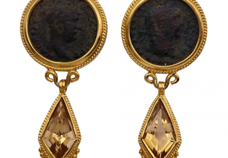 Ancient Coin Citrine Dangle Clip On Earrings 18K Gold Etruscan Revival (2)