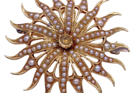Edwardian Seed Pearl Citrine Celestial SUN Pendant Brooch 14K Gold (2)