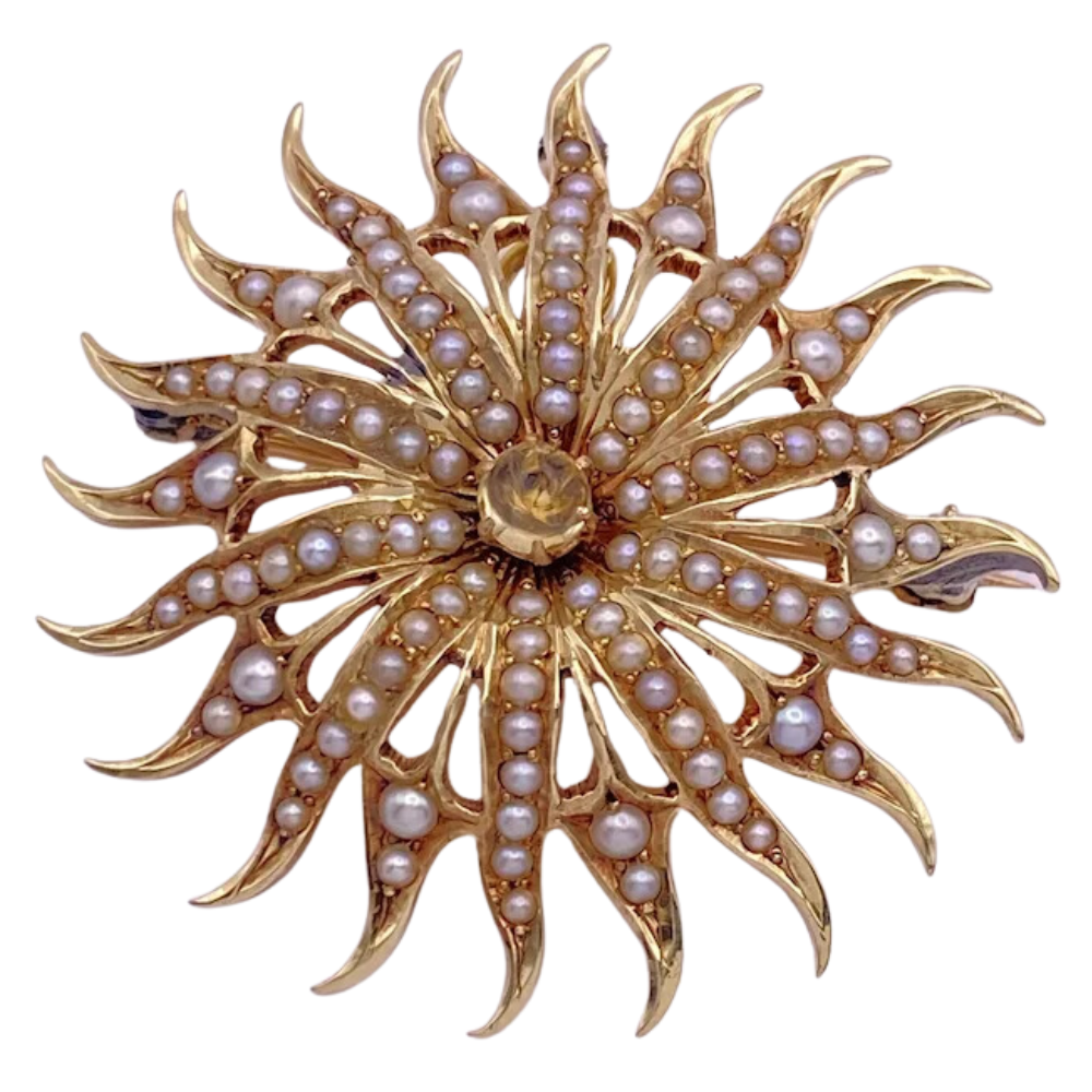 Edwardian Seed Pearl Citrine Celestial SUN Pendant Brooch 14K Gold