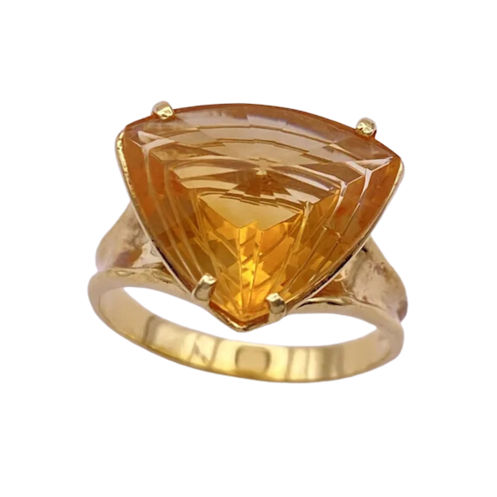 Fantasy Cut Citrine Solitaire Ring 18K Gold 12.42ct