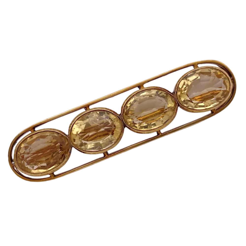 Four Gemstone Citrine Brooch Pin 14K Gold 48ctw.