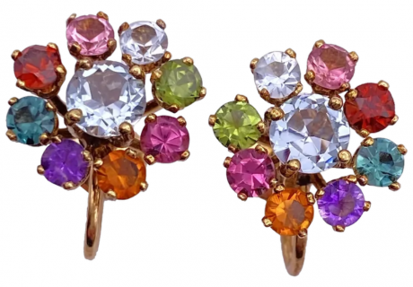 Multi Gem Vintage Screw-Back Cluster Earrings 18K Gold 4.84ctw