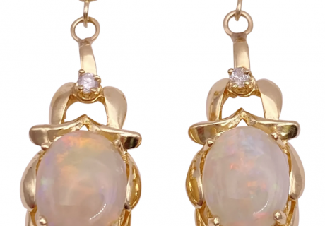 Natural Opal Diamond Dangle Earrings 14K Gold