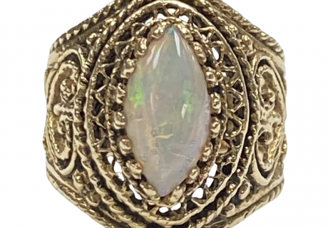 Natural Opal Ornate Filigree Ring 14K Gold, Navette Cabochon