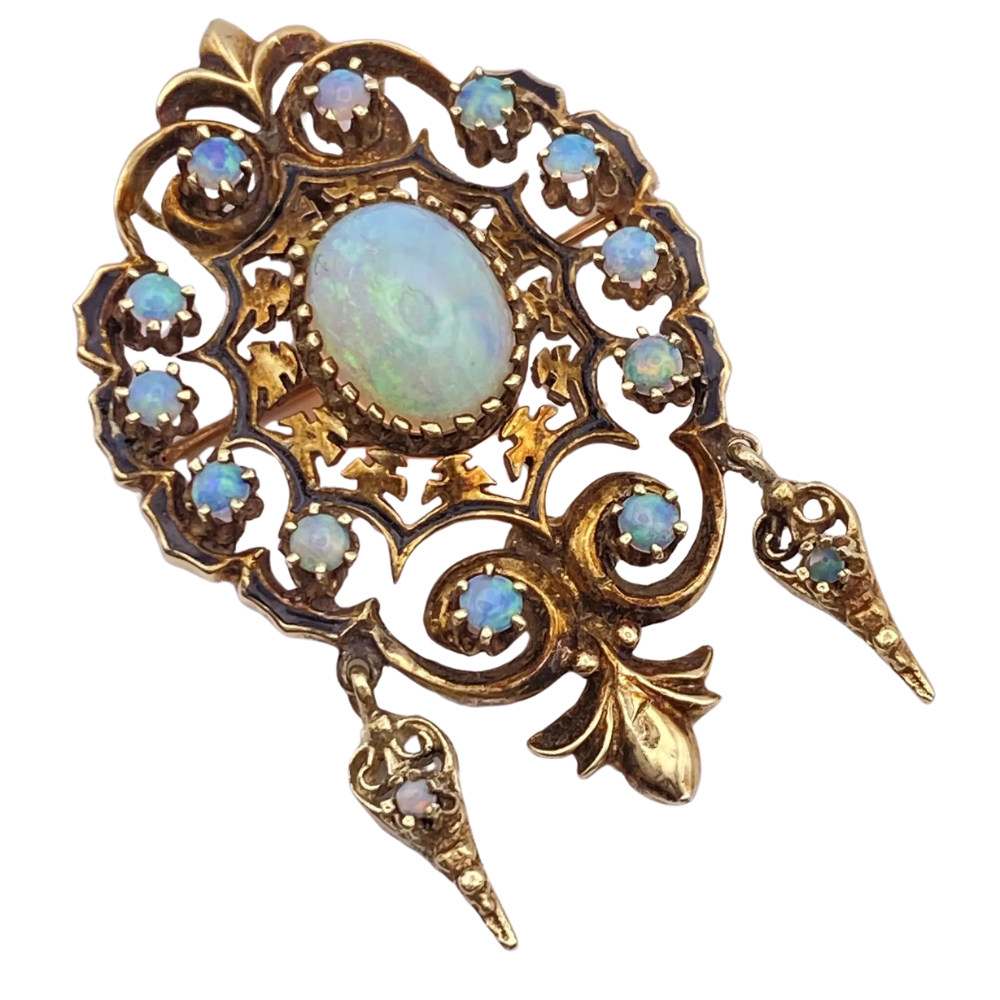 Ornate Victorian Revival Opal Pendant Brooch 14K Gold and Enamel