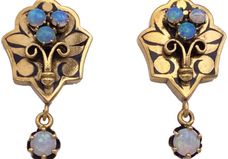 Victorian Dangle Earrings 14K Gold, Opal Taille d' Epergne Enamel