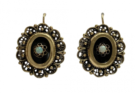 Victorian Revival Drop Earrings 14K Gold, Onyx and Opal